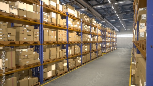 Vast storage building full of products placed on industrial racks with tag