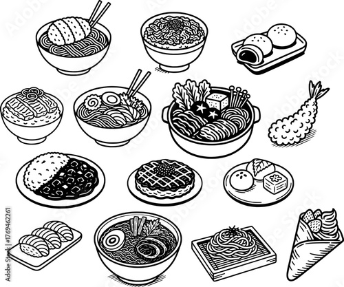 Delicious Japanese food illustration in black and white