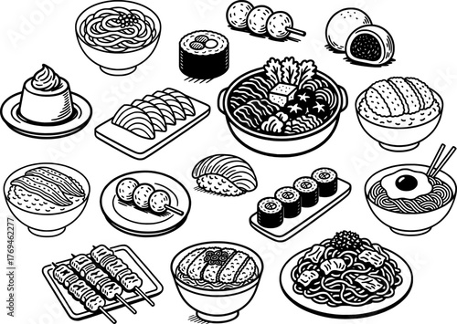Delicious Japanese Cuisine: A Black and White Illustration of Various Dishes