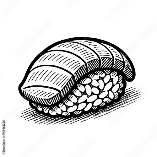 Ink drawing of a single piece of nigiri sushi on a white background