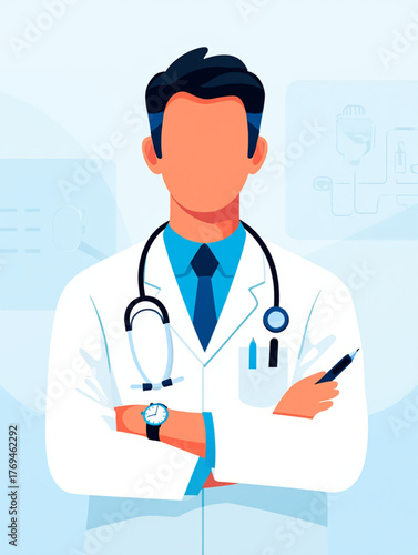 Doctor in white coat with stethoscope and pen