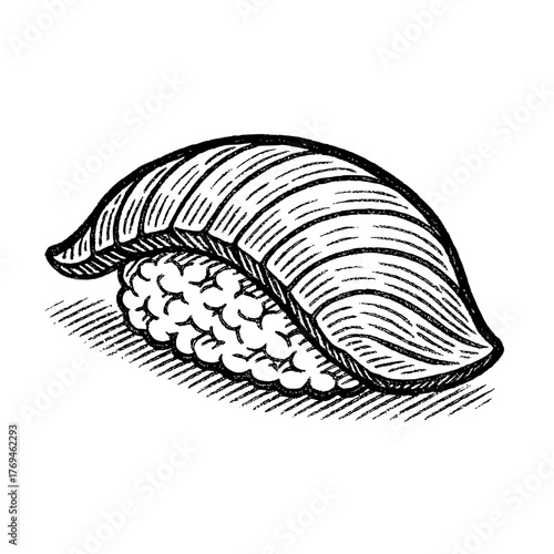 Hand-drawn illustration of nigiri sushi with salmon, a Japanese delicacy