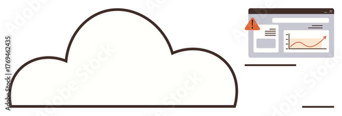 Cloud outline with performance dashboard showing graph and alert. Ideal for data management, analytics, cybersecurity, warnings, SaaS, cloud computing, simple flat metaphor