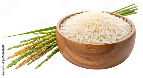 Bowl of White Rice with Uncooked Rice Stalks wooden bowl