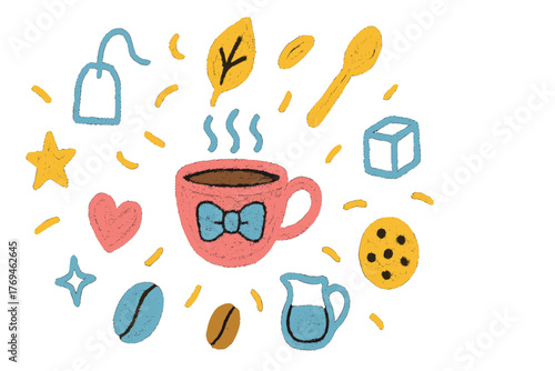Brightly colored coffee cup surrounded by playful food and drink elements creates a cheerful atmosphere for coffee lovers