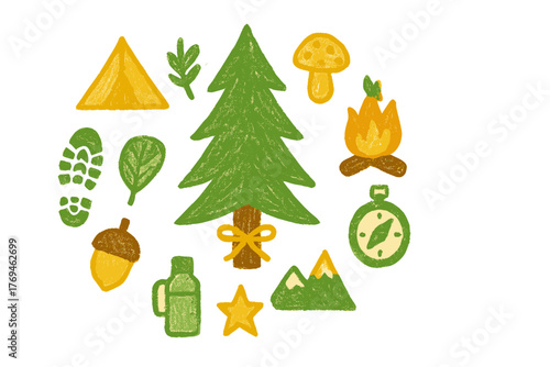 Outdoor adventure illustrations showcasing camping elements, nature, and exploration tools