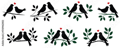 Romantic bird couple sitting on tree branch, silhouette vector set representing partnership, caring relationship and passion, adorable nature wildlife scene, creative design element for invitations, l