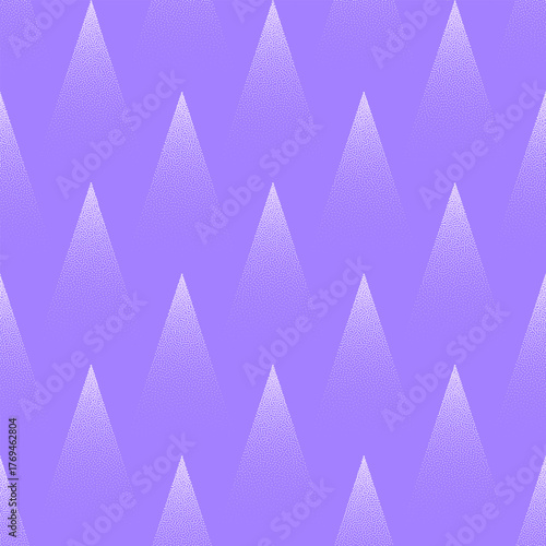 Icy triangles seamless pattern vector graphic grainy texture halftone abstract background. Cool wintery violet tones with pointed shapes and fine stipple shading. Geometric calm wintertime abstraction