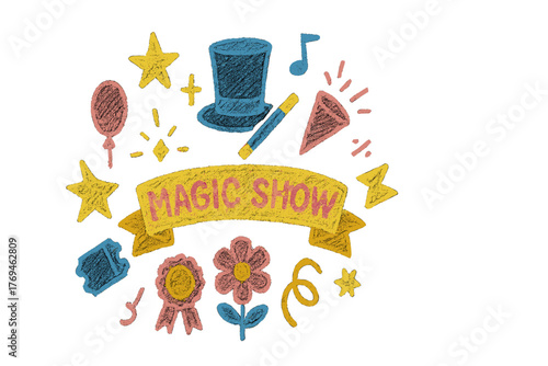 Colorful design featuring magic show elements with a top hat, stars, and festive decorations suitable for promotional use