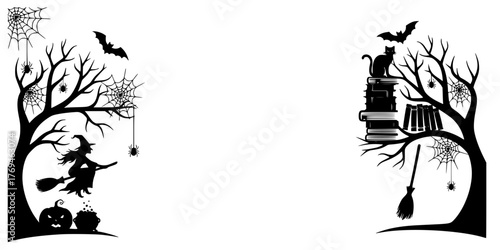 Halloween witch flying on broomstick with spooky decorations and books - Halloween-theme vector frame for graphic works  
