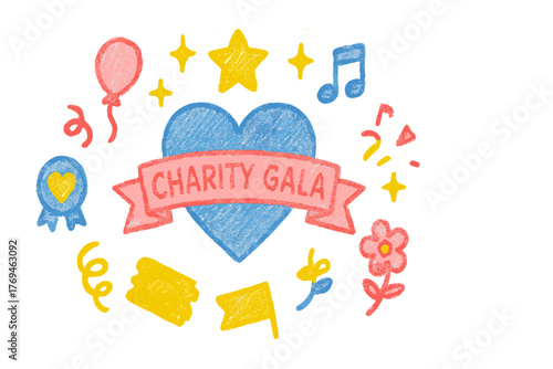 Colorful charity gala decoration featuring heart, stars, and festive symbols for a community event