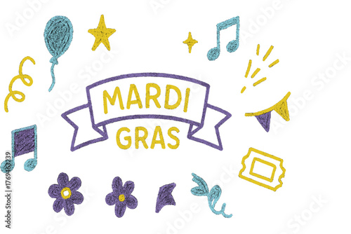 Colorful Mardi Gras celebration decorations featuring festive elements like music notes and stars in a lively design