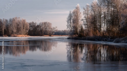 Winter scene showing frosty trees reflecting on an icy lake, capturing the serene beauty of a cold tranquil nature landscape