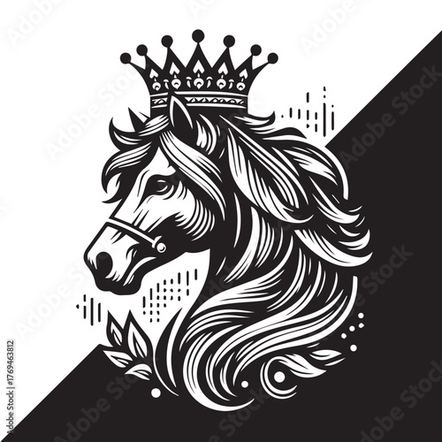 black and white horse wearing crown logo vector