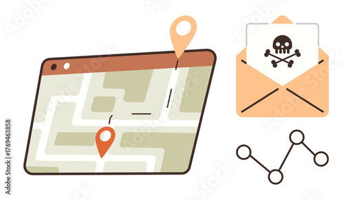 Navigation map with location markers, open email with danger icon, connection network. Ideal for cybersecurity, IT risk, phishing, hacking, GPS tracking, digital threats simple flat metaphor