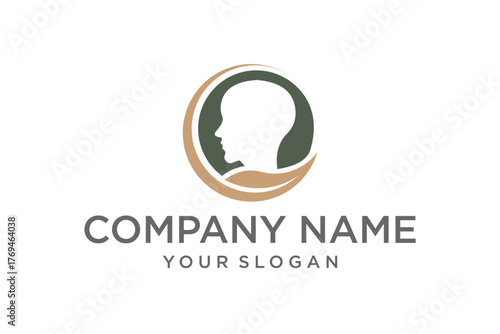 Human Head Profile Logo with Green Leaf and Brown Crescent Design, Symbolizing Growth and Wellness