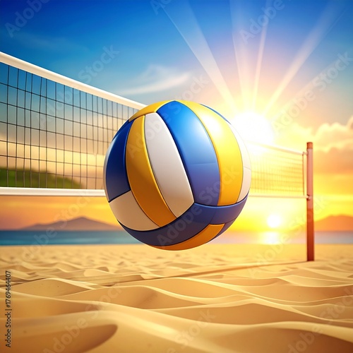 Beach Volleyball at Sunset: Ball, Net, and Sand