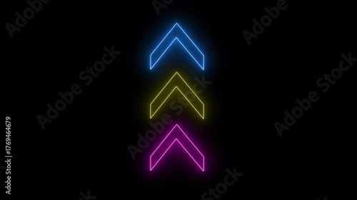 Animated squirrel arrow Three neon chevron arrows in blue, yellow, and magenta glow vertically upward on a black background, forming a sleek and futuristic motion design.