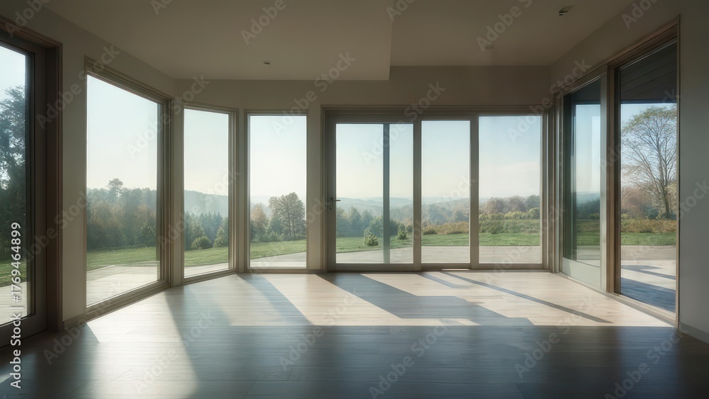 Fototapeta premium Modern living room with expansive window view