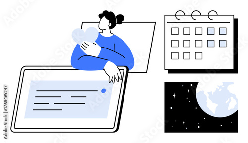 Woman holding a heart next to tablet with text, calendar, and Earth imagery in vibrant minimalist design. Ideal for themes thumbs up self-love, digital lifestyle, planning, connection, care