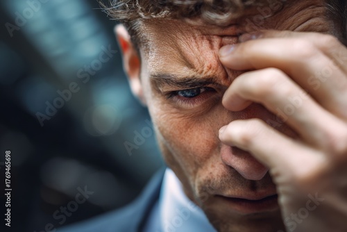 Close-up of businessman touching his temple with a frustrated expression, representing stress and challenge.