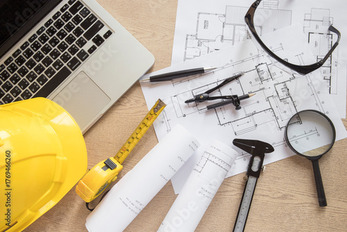 construction tools on the blueprint