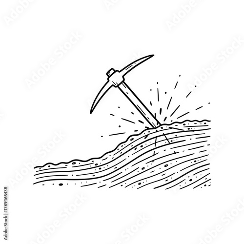 Vintage pickaxe striking soil, hinting at discovery, exploration, and hard work, perfect for branding, vintage themes, or historical projects