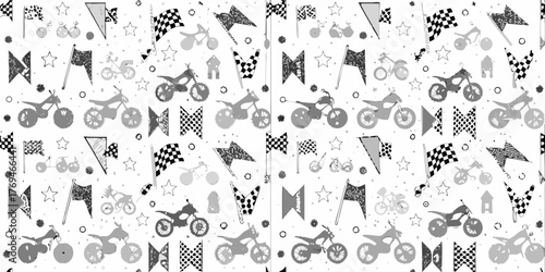 Whimsical black and white pattern featuring motocross bikes and racing flags