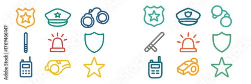 Line art illustrations of police symbols including badges, handcuffs, and a police car in a colorful design