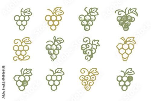 Various hand-drawn grape illustrations displayed in a neat grid pattern on a white background showcasing unique designs