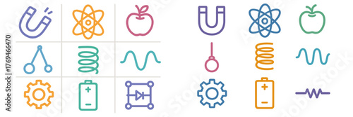 Colorful science symbols representing various concepts including physics, chemistry, and biology in a grid layout