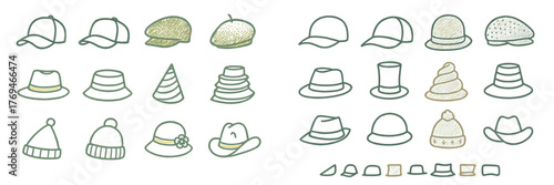 Different types of hats displayed in a creative layout with various designs and styles