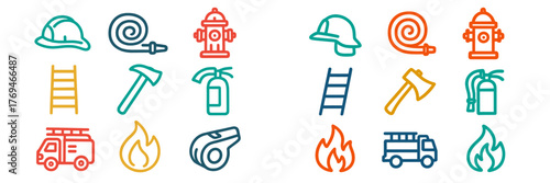 Firefighting symbols and equipment illustrated in colorful icons representing safety and emergency services