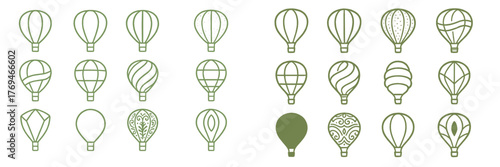 Unique collection of hot air balloon designs in various patterns and styles displayed on a simple background