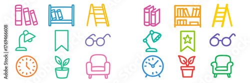 Colorful icons of bookshelves, reading items, and furniture for an educational or cozy atmosphere