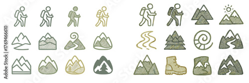 Hiking symbols and mountain graphics for outdoor enthusiasts illustrating various activities and landscapes