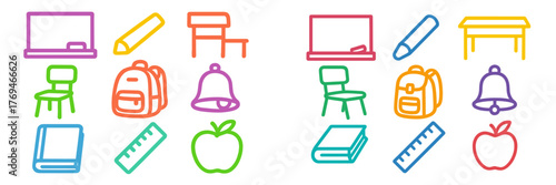 Colorful school supplies and classroom elements arranged in a cheerful and vibrant design suitable for educational themes