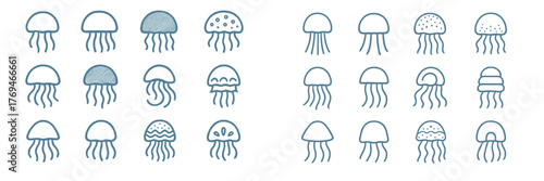 Variety of jellyfish illustrations in different shapes and styles created on a white background