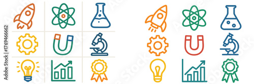 Educational science icons representing technology, innovation, and discovery in a colorful grid layout