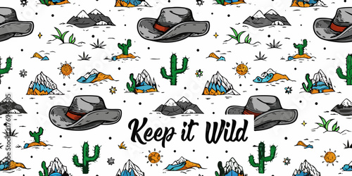 Keep it wild western cowboy hat cactus mountain sun desert landscape pattern design