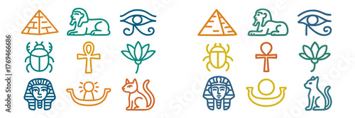 Ancient Egypt symbols including pyramids, gods, and cats displayed in vibrant colors