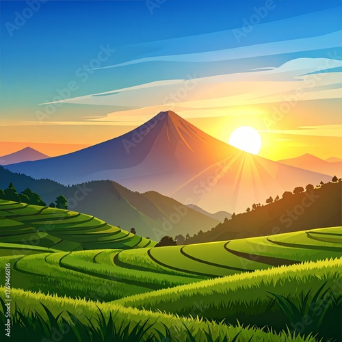 Beautiful Sunrise over Asian Rice Terraces and Mountain Landscape