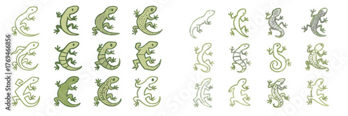 Lively collection of colorful lizard illustrations displaying various designs and postures on a white background