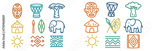 Symbols of African culture featuring masks, drums, wildlife, and traditional structures in a colorful design