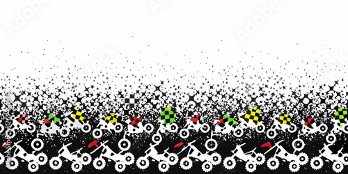 Motocross race border with chequered flags and starbursts on white background