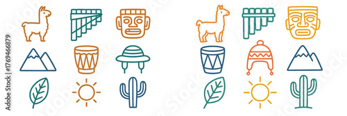 Colorful line drawings of South American symbols and landscapes arranged in a creative pattern for cultural representation