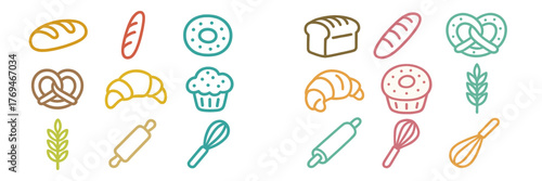 Colorful collection of baked goods and kitchen tools displayed on a simple background