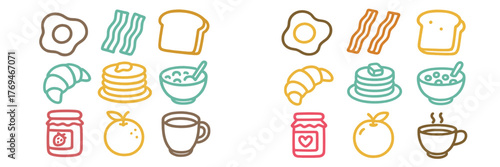Delicious breakfast foods presented in a colorful arrangement featuring eggs, bacon, bread, and more