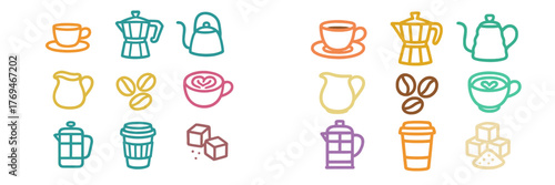 Colorful outline illustrations of various coffee and tea items arranged in a neat grid format on a light background