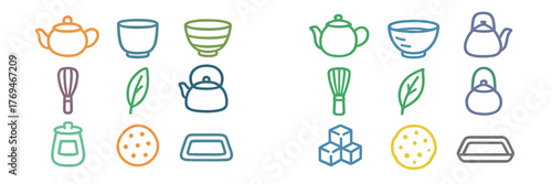 Assorted kitchenware and utensils in simple line art style for culinary enthusiasts or designers